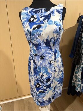 Chaps Blue and White Floral Midi Sheath Dress